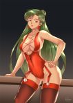  1girl bishoujo_senshi_sailor_moon black_background breasts cleavage contrapposto earrings expressionless green_hair hair_bun hand_on_hip haryudanto jewelry large_breasts leotard long_hair looking_at_viewer meiou_setsuna red_eyes red_legwear red_leotard red_lips signature simple_background solo thigh-highs thigh_strap 