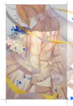  1girl artoria_pendragon_(all) blonde_hair blue_flower bouquet bow breasts bridal_veil commentary_request dress elbow_gloves facing_away fate/grand_order fate_(series) flower gaoyang_ou_nisang gloves head_tilt highres holding holding_bouquet long_hair medium_breasts revision ribbon saber see-through solo strapless strapless_dress veil wedding_dress white_bow white_dress white_flower white_gloves yellow_ribbon 