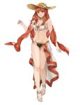  1girl bikini breasts celica_(fire_emblem) cleavage fire_emblem fire_emblem_echoes:_mou_hitori_no_eiyuuou fire_emblem_gaiden fire_emblem_heroes flower front-tie_bikini front-tie_top full_body hat hat_flower highres intelligent_systems jewelry kamu_(kamuuei) looking_at_viewer medium_breasts medium_hair navel nintendo redhead sandals shawl simple_background smile solo straw_hat swimsuit toes white_background 