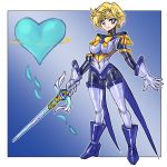  1girl alternate_costume ankle_boots bangs bishoujo_senshi_sailor_moon blonde_hair blue blue_background blue_bodysuit blue_eyes blue_footwear blue_gloves blue_sailor_collar bodysuit boots bow brooch circlet closed_mouth full_body gloves heart highres holding holding_sword holding_weapon jewelry looking_at_viewer magical_girl oomasa_teikoku parted_bangs sailor_collar sailor_uranus shiny short_hair simple_background skin_tight smile solo space_sword standing sword ten&#039;ou_haruka very_short_hair weapon yellow_bow 