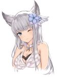  1girl adore_(adoredesu) animal_ears bangs blue_eyes blunt_bangs erune granblue_fantasy hair_ornament highres korwa long_hair one_eye_closed silver_hair smile upper_body 