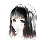  1girl artist_name ayu_(mog) bangs black_border blush border closed_mouth crying crying_with_eyes_open eyes fingernails hand_up looking_at_viewer medium_hair original portrait sad signature simple_background solo tears white_background wiping_tears 