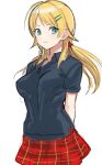  1girl black_shirt blonde_hair blue_eyes breasts closed_mouth commentary_request copyright_request cowboy_shot eyebrows_visible_through_hair hair_ornament hairclip large_breasts long_hair looking_at_viewer low_twintails red_skirt shirt skirt smile solo standing tetsu_(kimuchi) twintails 