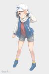  1girl artist_name blue_eyes blue_footwear breasts character_name cleavage commentary_request full_body grey_background grey_hair grey_shorts grin hat headwear_writing highres honorikiti jacket looking_at_viewer love_live! love_live!_sunshine!! one_eye_closed salute shoes shorts simple_background smile sneakers socks solo watanabe_you yellow_legwear 