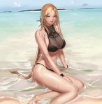  1girl bangs bare_shoulders beach bikini black_bikini blue_eyes braid breasts clouds day dungeon_and_fighter feet_out_of_frame female_gunner_(dungeon_and_fighter) highres horizon large_breasts long_hair looking_at_viewer monaim ocean outdoors parted_bangs parted_lips sand shore single_braid sitting smile solo swimsuit very_long_hair water waves wet wristband yokozuwari 