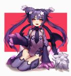  1girl :d animal_ears blush blush_stickers bow commentary demon_wings eyebrows_visible_through_hair eyes_visible_through_hair familiar_(monster_girl_encyclopedia) fang hair_ornament hairclip large_bow leotard long_hair looking_at_viewer monster_girl monster_girl_encyclopedia open_mouth paws purple_hair red_eyes simple_background sitting smile solo star star-shaped_pupils star_hair_ornament symbol-shaped_pupils tail teru_(renkyu) thigh_gap twintails twitter_username very_long_hair white_bow wings yokozuwari 