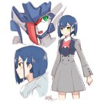  blue_hair blush clenched_hand commentary_request darling_in_the_franxx dated delphinium_(darling_in_the_franxx) from_side frown green_eyes hair_ornament hairclip ichigo_(darling_in_the_franxx) multiple_views open_mouth short_hair signature simelu smile uniform white_background 