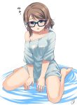  1girl :o barefoot between_legs blue-framed_eyewear blue_eyes blue_shirt commentary_request glasses grey_hair hand_between_legs highres love_live! love_live!_sunshine!! nanotsuki off-shoulder_shirt oversized_clothes oversized_shirt ripples shirt short_hair short_sleeves signature sitting sleepy solo t-shirt wariza watanabe_you 