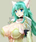  1girl animal_ears bangs black_choker blue_eyes breasts choker commentary_request eyebrows_visible_through_hair eyelashes fangs green_background green_hair highres huge_breasts long_hair looking_at_viewer minarai_tenna original parted_lips simple_background sketch solo upper_body 