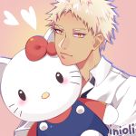  1boy artist_name black_neckwear blonde_hair blush brown_eyes dark_skin hello_kitty hello_kitty_(character) holding holding_stuffed_animal inioli looking_at_viewer male_focus pink_background sanrio sanrio_danshi solo stuffed_animal stuffed_toy upper_body yoshino_shunsuke 