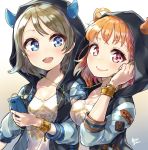  2girls ahoge blue_eyes bracelet breasts cellphone cleavage earphones grey_hair highres holding holding_phone hood hood_up hooded_jacket horned_hood horns jacket jewelry looking_at_another looking_at_viewer love_live! love_live!_school_idol_festival love_live!_sunshine!! multiple_girls open_mouth orange_hair phone red_eyes shared_earphones short_hair signature smartphone smile studded_bracelet takami_chika takenoko_no_you upper_body watanabe_you 