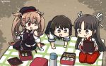  3girls black_hair black_hat black_skirt blue_skirt brown_eyes commentary dated eating food hair_flaps hair_ornament hair_ribbon hairclip hakama hamu_koutarou hanami hat heterochromia highres hime_cut hiyou_(kantai_collection) japanese_clothes kantai_collection light_brown_hair long_hair lunchbox miyuki_(kantai_collection) multiple_girls murasame_(kantai_collection) pleated_skirt red_hakama remodel_(kantai_collection) ribbon school_uniform serafuku short_hair sitting skirt thermos very_long_hair wariza 