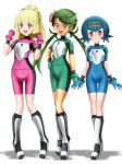  3girls absurdres blonde_hair blue_eyes blue_gloves blue_hair blush bodysuit dark_skin flower gloves green_eyes green_gloves green_hair hair_flower hair_ornament hairband hand_on_hip highres lillie_(pokemon) long_hair mallow_(pokemon) multiple_girls open_mouth pink_gloves pokemon pokemon_(anime) pokemon_sm_(anime) ponytail short_hair shoukin500 shoulder_pads simple_background smile suiren_(pokemon) trial_captain twintails ultra_guardians_uniform white_background 