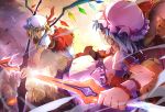  2girls bat_wings battle blonde_hair building duel flandre_scarlet hat highres holding holding_weapon laevatein lavender_hair looking_at_another mob_cap multiple_girls outdoors pink_hat puffy_short_sleeves puffy_sleeves red_eyes remilia_scarlet serious short_hair short_sleeves siblings sisters skirt smoke spear_the_gungnir thigh-highs touhou weapon white_hat white_legwear wings wrist_cuffs zettai_ryouiki zhuxiao517 