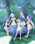  5girls bare_shoulders barefoot blonde_hair bloomers blue_eyes blue_hair brown_hair collarbone dew_drop dress flower hair_flower hair_ornament hand_holding happy highres ikeda_jun_(mizutamari) long_hair multiple_girls open_mouth original purple_hair short_hair short_sleeves silver_hair smile underwear violet_eyes water_drop yellow_eyes 