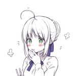  1girl :t ahoge artoria_pendragon_(all) bangs blue_ribbon blush braid chopsticks closed_mouth collared_shirt commentary_request eating eyebrows_visible_through_hair fate/stay_night fate_(series) fingernails green_eyes hair_bun hair_ribbon hand_to_own_mouth long_sleeves looking_at_viewer midorikawa_you monochrome ribbon saber shirt sidelocks simple_background solo spot_color white_background 