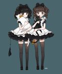  2girls absurdres apron black_cat black_hair blush brown_eyes brown_hair cat child drill_hair grey_eyes highres maid maid_apron multiple_girls ribbon thigh-highs twintails white_cat yerm 