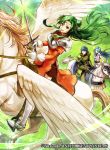  armor blue_eyes blue_hair breastplate brown_eyes cape elincia_ridell_crimea fingerless_gloves fire_emblem fire_emblem:_souen_no_kiseki fire_emblem_cipher geoffrey_(fire_emblem) gloves green_hair horse horseback_riding long_hair lucia_(fire_emblem) official_art open_mouth pegasus pegasus_knight polearm riding short_hair smile spear sword wada_sachiko weapon 