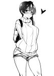  1girl alternate_costume backpack bag bandaid commentary_request cowboy_shot denim denim_shorts greyscale highres kaga_(kantai_collection) kantai_collection looking_at_viewer midou_midori monochrome ribbed_sweater short_hair short_shorts shorts side_ponytail smile solo sweater 