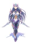  1girl android armor bangs bodysuit breasts circlet closed_mouth commentary_request contrapposto cyborg dual_wielding eyebrows_visible_through_hair fateline_alpha full_body glowing grey_hair holding holding_knife knife large_breasts long_hair looking_at_viewer original shadow solo standing violet_eyes walking 