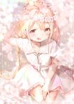  1girl :d blonde_hair brown_hair cherry_blossoms commentary_request dress flower flower_wreath full_body futaba_anzu hair_ribbon hand_on_lap hand_up head_wreath highres idolmaster idolmaster_cinderella_girls long_hair looking_at_viewer low_twintails open_mouth ribbon sash shiratama_akane sitting smile solo twintails twitter_username very_long_hair white_dress 