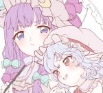  2girls bangs blue_hair blush bow close-up curly_hair fangs green_bow hair_bow hat holding holding_umbrella long_hair looking_at_another medium_hair mob_cap multiple_girls open_mouth patchouli_knowledge pointy_ears purple_hair red_eyes remilia_scarlet satomachi touhou umbrella violet_eyes 