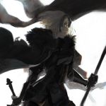  1girl armor armored_dress black_cape blurry blurry_background cape commentary_request fate/grand_order fate_(series) flag flagpole forehead_protector fur fur_collar gauntlets headpiece holding holding_flag holding_sword holding_weapon jeanne_d&#039;arc_(alter)_(fate) jeanne_d&#039;arc_(fate) jeanne_d&#039;arc_(fate)_(all) looking_afar short_hair silver_hair simple_background solo sword toooka tsurime upper_body weapon white_background yellow_eyes 