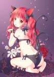  1girl :3 absurdres animal_ears ass bangs bare_shoulders barefoot bell bikini black_bikini black_bow blunt_bangs bow cat_ears cat_tail eyebrows_visible_through_hair flower from_behind full_body hair_bow highres jingle_bell kaenbyou_rin kneeling long_hair looking_at_viewer mimi_(mimi_puru) multicolored multicolored_eyes multiple_tails orange_eyes paw_pose pointy_ears red_eyes red_flower redhead smile solo sparkle swimsuit tail tongue tongue_out touhou two_tails wavy_hair white_flower 