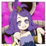  1girl :3 acerola_(pokemon) armlet cu-sith elite_four flipped_hair gen_7_pokemon hair_ornament mimikyu open_mouth pokemon pokemon_(creature) pokemon_(game) pokemon_sm purple_hair short_hair stitches trial_captain violet_eyes 