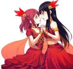  2girls arabian_clothes arm_around_waist armlet bangs black_hair bridal_gauntlets commentary_request crop_top eye_contact face-to-face feathers hair_feathers hand_holding highres incest jewelry kurosawa_dia kurosawa_ruby long_hair looking_at_another love_live! love_live!_sunshine!! multiple_girls nanotsuki necklace red_eyes redhead sash short_sleeves siblings simple_background sisters sleeveless two_side_up white_background yuri 