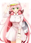  1girl :d akashi_(kantai_collection) alternate_costume breasts buttons dress green_eyes hair_ribbon hat kantai_collection large_breasts long_hair long_sleeves open_mouth pink_hair red_ribbon ribbon rui_shi_(rayze_ray) smile solo tress_ribbon white_dress white_hat 