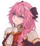  1boy astolfo_(fate) black_bow black_ribbon bow braid commission fate/apocrypha fate_(series) gauntlets hair_between_eyes hair_intakes hair_ribbon hand_on_own_chin highres long_braid male_focus multicolored_hair pauldrons pink_hair ribbon rousfairly signature simple_background single_braid solo streaked_hair thinking trap violet_eyes white_background 