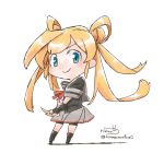  1girl abukuma_(kantai_collection) bangs black_gloves black_serafuku black_shirt blue_eyes chibi closed_mouth double_bun eyebrows fingerless_gloves full_body gloves grey_sailor_collar grey_skirt hair_rings kantai_collection legs_apart long_hair miniskirt no_nose orange_hair pleated_skirt red_ribbon remodel_(kantai_collection) ribbon rikuo_(whace) sailor_collar school_uniform serafuku shirt short_sleeves signature simple_background skirt smile solo standing twintails twitter_username white_background 