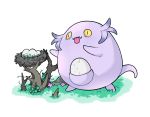  alola_form alternate_color chansey commentary creature egg excarabu fangs flower full_body gen_1_pokemon grass nest no_humans outdoors pokemon pokemon_(creature) purple_skin reaching simple_background solo standing tongue tongue_out white_background yellow_eyes 