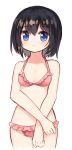  1girl bangs bent_elbow black_hair blush bra breasts closed_mouth commentary_request cropped_legs crossed_arms eyebrows_visible_through_hair hair_between_eyes looking_at_viewer original panties pink_bra pink_panties short_hair solo underwear white_background yuuhagi_(amaretto-no-natsu) 