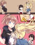  2koma 3girls banana_peel black_hair blonde_hair blue_eyes blush breast_smother brown_eyes brown_hair comic commentary_request folded_ponytail gambier_bay_(kantai_collection) hakama intrepid_(kantai_collection) japanese_clothes kabocha_torute kantai_collection kasuga_maru_(kantai_collection) long_hair multiple_girls neck_pillow open_mouth ponytail red_hakama short_hair short_sleeves solid_oval_eyes translation_request twintails upper_body wavy_mouth x_x 