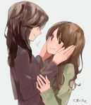  2girls :t brown_eyes brown_hair cheek_press from_side grey_background long_hair long_sleeves looking_at_another multiple_girls original smile sou_(tuhut) translation_request upper_body yuri 
