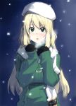  1girl alternate_costume aran_sweater atago_(kantai_collection) beret black_gloves blonde_hair blush breath gloves green_eyes green_sweater hat jewelry kantai_collection long_hair necklace night ribbed_sweater scarf snowing solo sweater tachibana_roku tears white_hat white_scarf 