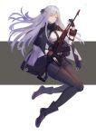  1girl ak-12_(girls_frontline) assault_rifle bangs black_gloves black_pants boots braid breasts closed_eyes french_braid full_body girls_frontline gloves gun holding holding_weapon jacket jacket_on_shoulders long_hair long_sleeves pants rifle silver_hair smile solo weapon zwc1271750321 