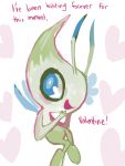  :d aqua_eyes celebi creature english full_body gen_2_pokemon glitchedpuppet heart heart_background no_humans open_mouth pokemon pokemon_(creature) smile solo valentine white_background wings 