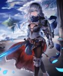  1girl armor belt black_bra blue_eyes blue_sky bra breasts cleavage clouds cloudy_sky commentary_request day dragon eyebrows_visible_through_hair fantasy feet_out_of_frame floating_island gauntlets hair_between_eyes hairband highres holding holding_sword holding_weapon large_breasts long_hair looking_at_viewer na_(oagenosuke) original outdoors pantyhose parted_lips pelvic_curtain petals scarf silver_hair sky smile solo standing sword underwear waist_cape walking weapon 