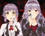  2girls :o absurdres black_jacket blush bracelet card closed_mouth collared_shirt eyebrows_visible_through_hair gloves hand_up highres holding idolmaster idolmaster_(classic) idolmaster_million_live! jacket jewelry long_hair long_sleeves makabe_mizuki multiple_girls necklace open_mouth purple_hair red_background red_shirt shijou_takane shirt short_hair tuxedo_de_cat violet_eyes white_gloves white_jacket wing_collar yellow_eyes 