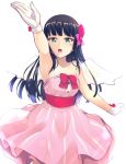  1girl :o angel_wings arm_up armpits bangs black_hair blunt_bangs bow clenched_hand commentary_request dress facial_mark flower gloves green_eyes hair_bow hair_flower hair_ornament heart highres kurosawa_dia long_hair love_live! love_live!_sunshine!! mole mole_under_mouth nanotsuki pink_bow pink_dress red_bow sash simple_background solo strapless strapless_dress white_background white_gloves white_wings wings 