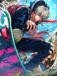  1boy blue_eyes blue_sky chains chinese_zodiac closed_mouth clouds dog fingernails foreshortening furyou_michi_~gang_road~ hair_between_eyes highres jacket jewelry long_sleeves looking_at_viewer male_focus necklace official_art outdoors pants red_jacket sakiyamama shoes silver_hair skateboard skateboarding sky smile torn_clothes torn_pants watermark year_of_the_dog 