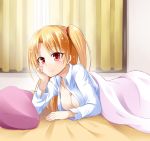  azur_lane bed bed_sheet blanket blonde_hair blush breasts cleavage cleveland_(azur_lane) commentary_request curtains eyebrows_visible_through_hair hair_between_eyes hair_ribbon hand_on_own_cheek ichimi indoors long_hair looking_at_viewer lying medium_breasts on_side pillow red_eyes ribbon shirt side_ponytail smile under_covers white_shirt 