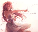  1girl blue_eyes breasts copyright_name crying crying_with_eyes_open dress expressionless flower head_wreath highres index_finger_raised just_be_friends_(vocaloid) long_hair looking_away megurine_luka nail_polish outstretched_arm petals pink_flower pink_hair pink_nails red_string rose sad sapphirez39 simple_background sleeveless solo_focus standing string tears vocaloid white_background white_dress 