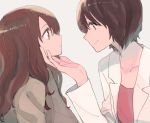  2girls brown_eyes brown_hair collarbone grey_background hand_on_another&#039;s_chin long_hair long_sleeves looking_at_viewer multiple_girls open_clothes original short_hair smile sou_(tuhut) upper_body yuri 