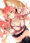  1girl animal_ears black_legwear blush bra breasts casual cleavage collarbone fate/extra fate/grand_order fate_(series) fox_ears fox_shadow_puppet fox_tail hand_on_hip large_breasts nail_polish open_clothes open_mouth open_shirt pink_bra pink_hair shirt solo sparkle striped striped_shirt tail tamamo_(fate)_(all) tamamo_no_mae_(fate) thigh-highs underwear yellow_eyes yunomitootya 