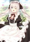  1girl 7_calpis_7 ;d alternate_costume apron black_dress black_ribbon blue_eyes bow bowtie cowboy_shot dress enmaided fate/grand_order fate_(series) flower frilled_apron frills hair_ribbon highres long_hair looking_at_viewer maid maid_headdress marie_antoinette_(fate/grand_order) one_eye_closed open_mouth ribbon signature skirt_hold smile solo twintails white_apron white_hair 