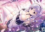  1girl arm_guards azur_lane bangs bare_shoulders basket belfast_(azur_lane) black_choker blanket blush braid breasts candy chains cherry_blossoms choker cleavage closed_mouth collarbone commentary_request corset dappled_sunlight dress elbow_gloves eyebrows_visible_through_hair flower food french_braid frilled_gloves frilled_skirt frills garter_straps gloves hand_on_own_chest knees_up large_breasts lollipop looking_at_viewer looking_to_the_side lying maid maid_headdress no_shoes on_back outdoors petals pink_flower revision shiny shiny_hair skirt sleeveless sleeveless_dress smile solo sousouman sunlight thigh-highs tree white_dress white_gloves zettai_ryouiki 